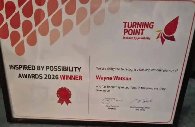 Wayne Watson's Inspired by Possibility Awards 2026 Winner certificate from Turning Point